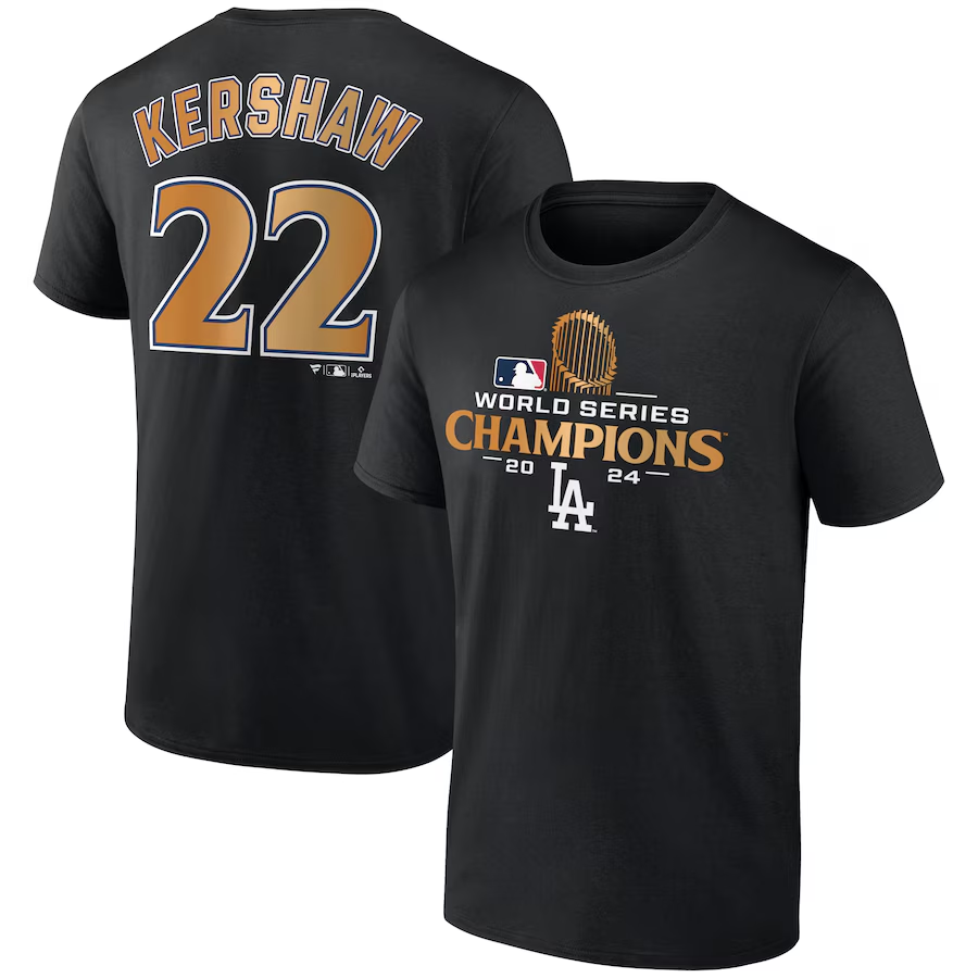 Men Los Angeles Dodgers 22 Kershaw 2024 MLB World Series Champions black T shirts